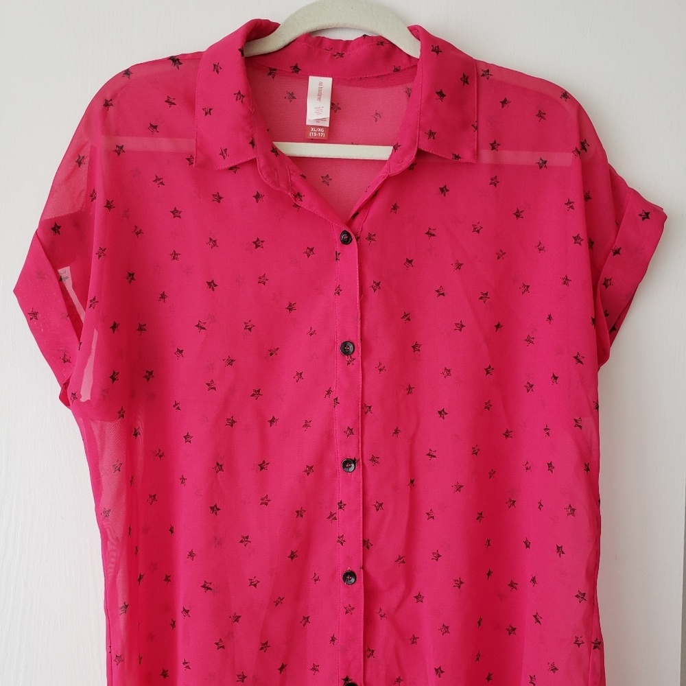 Black and Pink Star Print Sheer Blouse